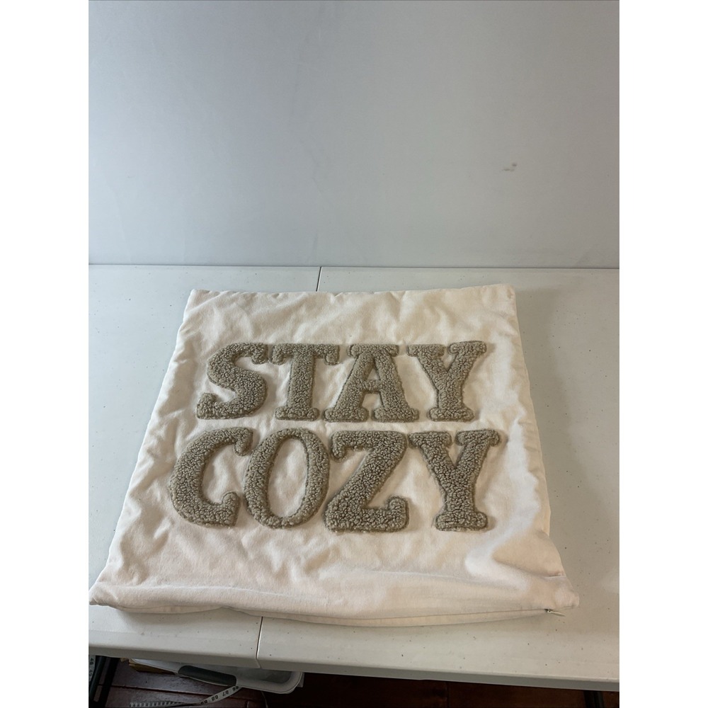 Pottery Barn 20x20 Pillow Cover brown‎ shag word "Stay Cozy" zipped Rare Velvet